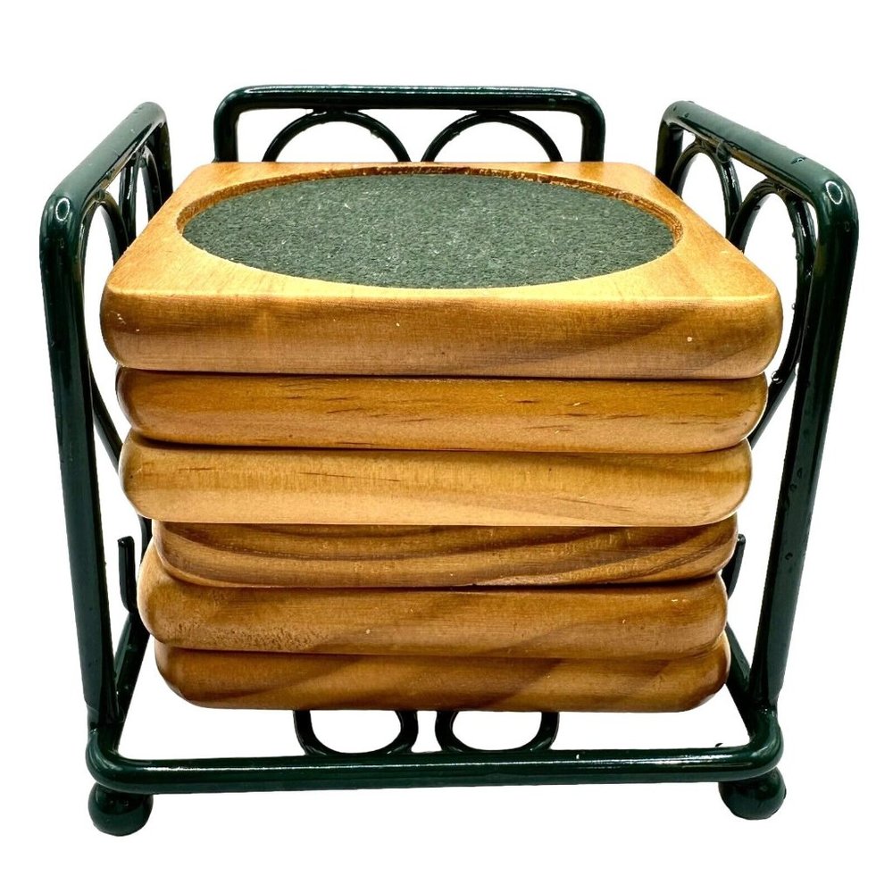 Wood Coasters for Drinks Absorbent Green Felt Pad Green Metal Holder 4"
